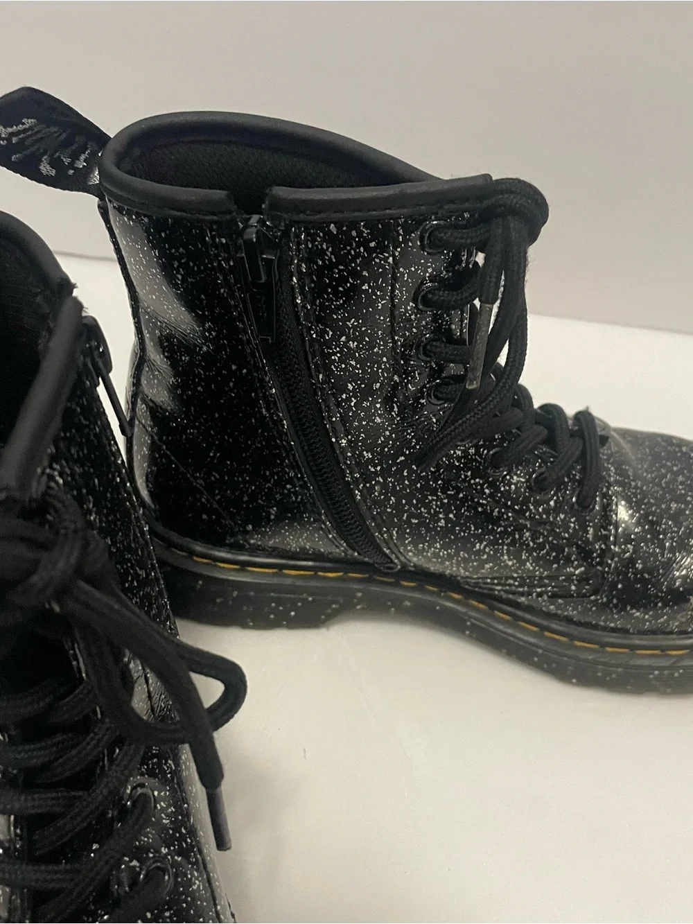 Dr. Martens 1460 Delaney Black Glitter Galaxy Lace Up Side Zip Boots Kids 2
